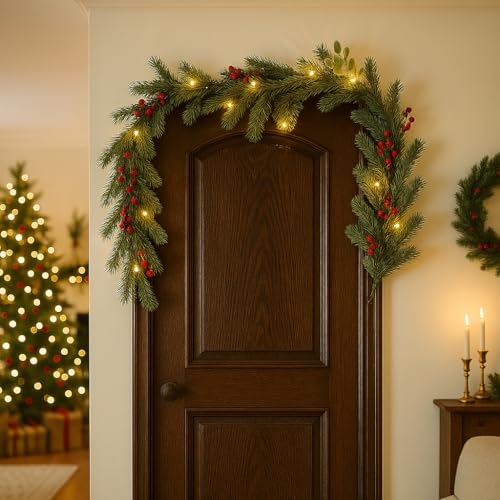 MYELLU Christmas Garland Artificial Pine Decoration - 1 Pack Fake Green Cedar Garland Realistic Christmas Norfolk with Berry for Winter Holiday Mantle Fireplace Table Wall Window by MYELLU - Image 5