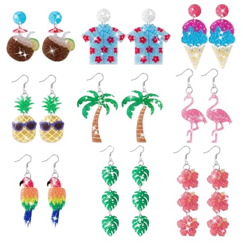 Y1tvei Summer Glitter Acrylic Earrings - 9 Pairs Hawaiian Flamingo Sea Turtle Sunflower Coconut Tree Dangle Set, Aesthetic Animals Plants Drop Jewelry Gifts for Girls Women Daily Beach Tropical Party