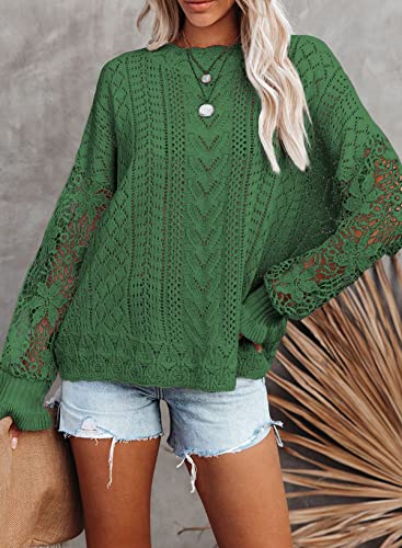 Image of Dokotoo Womens Crewneck Crochet Lace Long Sleeve Hollow Out Cable Knit Sweaters Pullover Tops