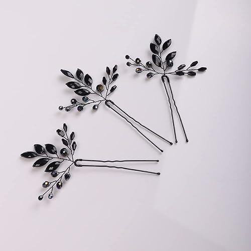 Miniatura 6 de Jumwrit Horquillas para el pelo de boda, con diamantes de imitación negros, hechos a mano, con cuentas, accesorios para el cabello de novia para