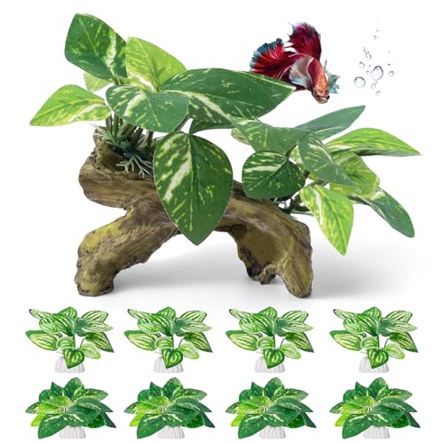 CousDUoBe 9 Pcs Fish Tank DecorSilk Aquarium Plants Green Silk Leaf pad Hammock Artifical Driftwood cave Betta Fish Tank Accessories 6 x 3 x 4 inches(LxWxH)