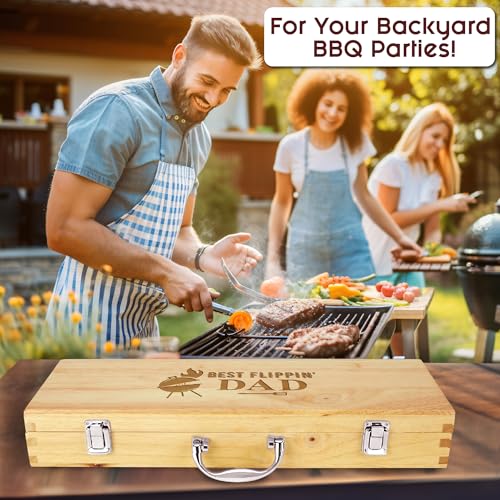 Engrave My Memories 11-Piece BBQ Grilling Set with Engraved Maple Wood Box, Stainless Steel Tools with Wooden Handles, Ideal Gift for Dad on Birthday, Father’s Day - Best Flipping Dad