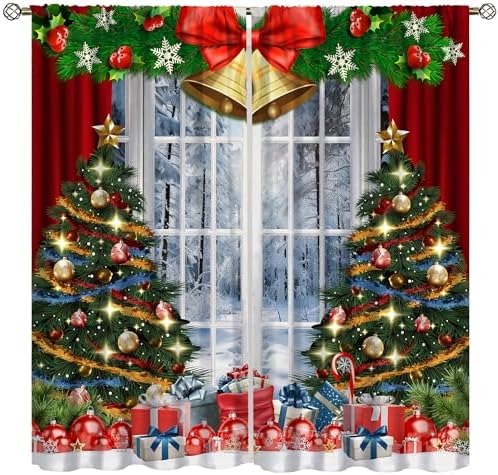 Christmas Curtains,Christmas Tree Colorful Gifts Christmas Balls Winter Snow Landscape Print Window Treatment for Holiday Living Room 21x45in,2 Panel Set