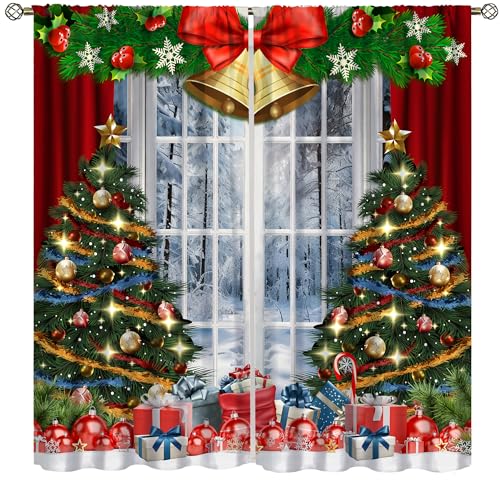 Christmas Curtains,Christmas Tree Colorfuls Christmas Balls Winter Snow Landscape Print Window Treatment for Holiday Living Room 21x45in,2 Panel Set