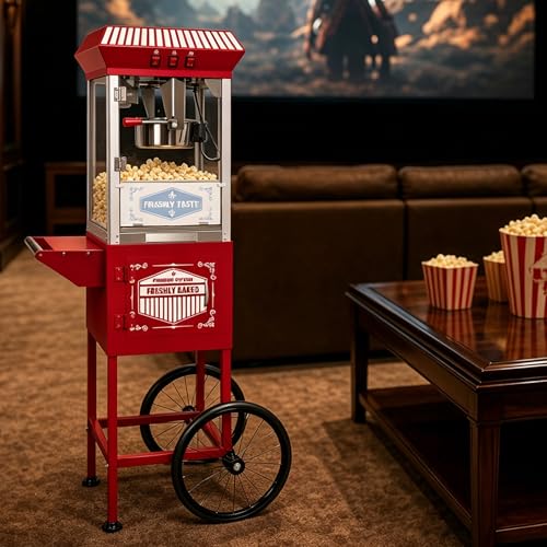 Image of 12 Oz Commercial Popcorn Machine Cart, 800 W, Popcorn Maker Machine with Stainless-Steel Kettle, Movie Theater Popcorn Machine with Steel Frame Tempered Glass Doors & Heated Warming Deck, Red