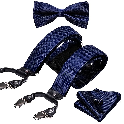 Image of YOHOWA Men Suspenders 6 Clips Strength Adjustable Y Braces Pre-Tied Bow Tie Set Formal Wedding Party