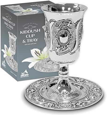 Ner Mitzvah Tall Kiddush Cup and Tray - Premium Quality Silver Plated Goblet With Stem - Shabbat and Havdalah Goblet - Judaica Shabbos and Holiday Gift