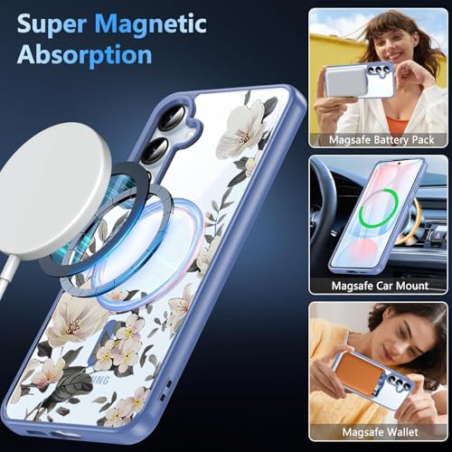 Image of VONZEE Compatible with Samsung S24 5G Case Luxury Retro Flowers Floral Clear for Magnetic Wireless Charging Case Shockproof Case PC+TPU Cute Glossy Shiny Cover for Girls Women|Official Blue
