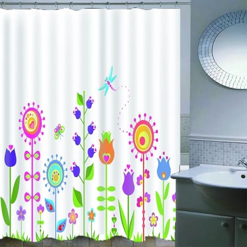 Rideau de douche textile fleurs et libellules coloré en polyester imperméable - 4