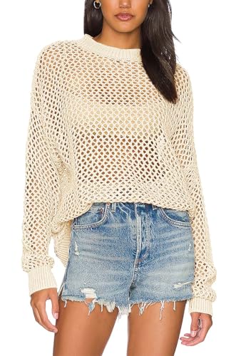 Ebifin Womens Crochet Tops Long Sleeve Beach Summer Sweater Crew Neck Mesh Cover Ups Bikini Swimsuit Tunic Pullover Tops Beige