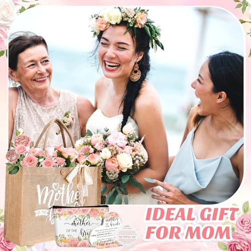 Hushee 2 Set Mother of Bride and Groom Gifts Set Includes Handbag Canvas Makeup Bag Acrylic Heart Decoration Wedding Handkerchief for Mom Mother in Law Bridal (Flower)4