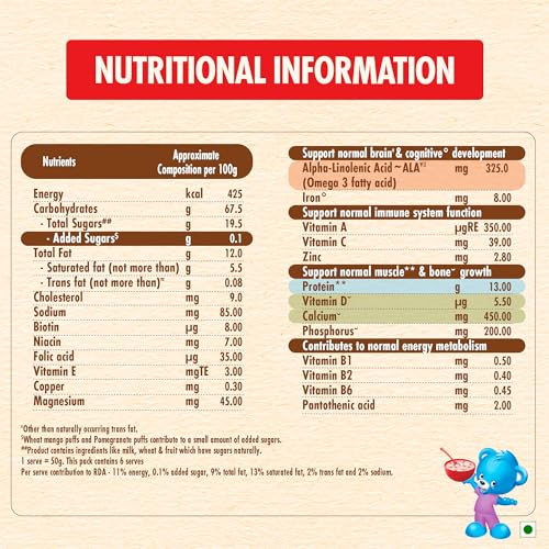 Image of CEREGROW with NO Refined Sugar, Multigrain Cereal with Milk & Fruits, Source of 19 Nutrients (Iron, Omega 3, Protein, Calcium), Free Steel Bowl, 300g, Bag-in-Box Pack (Pack of 2)