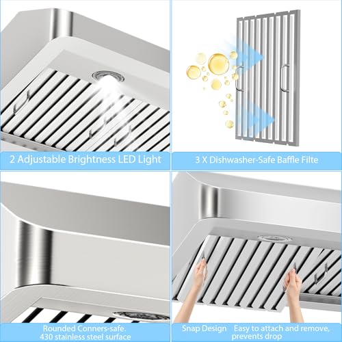 Image of 36 inch Under Cabinet Range Hood 1200 CFM with 4-Speed Gesture Sensing & Touch Control, Stainless Steel Kitchen Stove Vent Hoods with 2 LED Lights, Time Setting, Dishwasher-Safe Baffle Filters