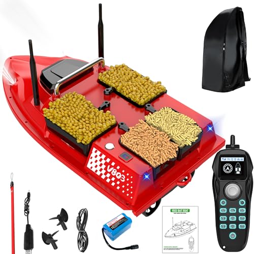 RC Bait Boat with Line Drop, RC fishing Boat with Bait Release,Cruise Control Dual Antenna Gain,12000mAh Battery and Motors,4 Bait Slot 6.61LBS; 1640FT Range Remote Control, with LED Light,