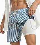 7 Inch 7in Men Swim Trunks Compression Liner Quick Dry Drawstring Male Swimwear Swimsuit Swimtrunks Boardshorts Bathing Suit Fair Beach Water Shorts Zipper Mesh Pocket Lined Inseam Harbor Blue Stripe