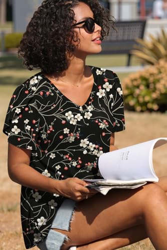 Image of CATHY 2026 Women Tops Summer Short Sleeve Tunic V Neck T-Shirts Loose Casual Floral Blouse S-4XL