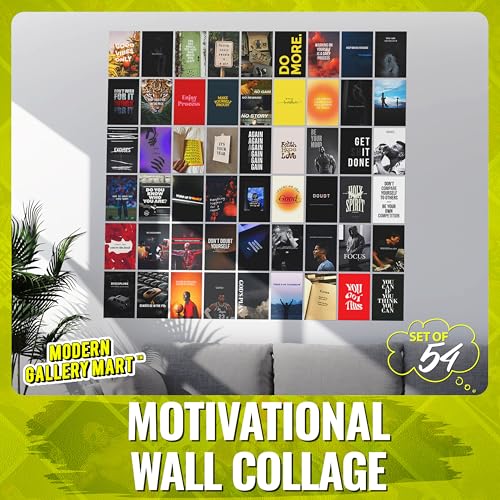 Image of MODERN GALLERY MART Pack of 54 Motivational Wall Collage Kit Posters - 4 x 6 Inches Posters for Wall Decoration - Wall Art For Bedroom, Office, Living room, Dorm room - Glue Dots Included
