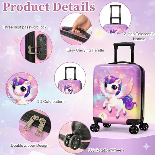 Image of Kids Carry On Luggage with Wheels 18 Inch Hard Shell Suitcase for Boys and Girls | Rolling Travel Bag with Retractable Handle and Spinner Wheels for Trips (Pink Unicorn)