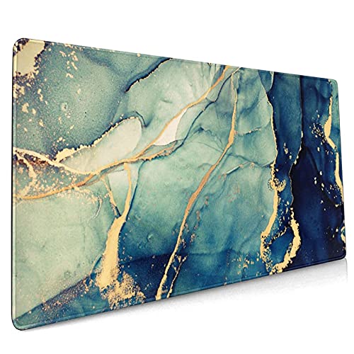 Tapis de souris XXL en marbre bleu sarcelle, vert et doré, 80 x 40 cm, antidérapant, bords cousus, imperméable, grand tapis de souris de jeu pour femmes, filles, hommes, accessoires de bureau