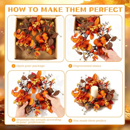 Image of 6 PCS Fall Candle Ring Wreaths Artificial Autumn Eucalyptus Candle Wreath with Leaves Berries Flowers Thanksgiving Farmhouse Harvest Wreath Candle Holder for Pillar Candles Table Centerpiece Decor