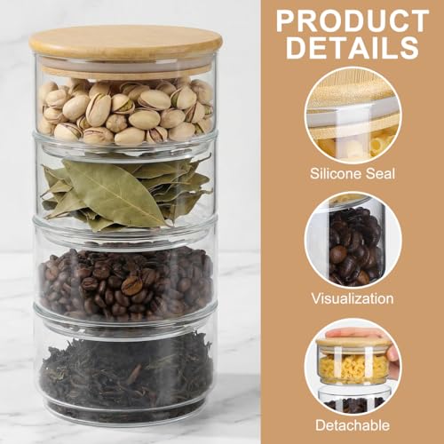 Image of DOITOOL Airtight Glass Storage Canister with Lids: 4-Tier Stackable Round Food Storage Container Kitchen and Pantry Organization Canisters for Cereal, Tea, Nuts, Fruit & Snacks - 4.3 inch x 4.3 inch x 8.6 inch