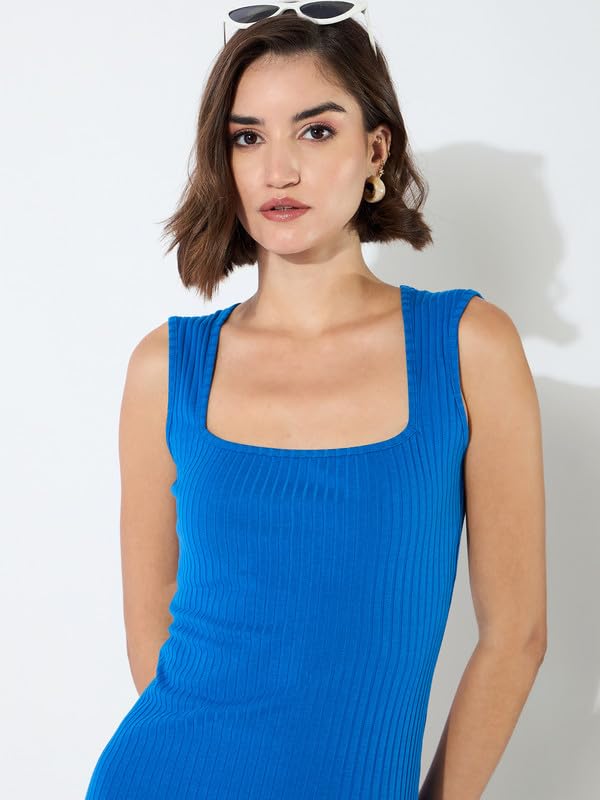 Image of barcino Black Rib Square Neck Sleeveless Midi Dress