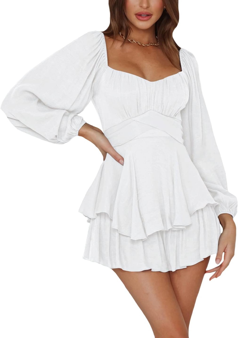 LYANER Women's Jumpsuit Lantern Long Sleeve Ruffle Layer Tie Mini Short Romper - Image 4