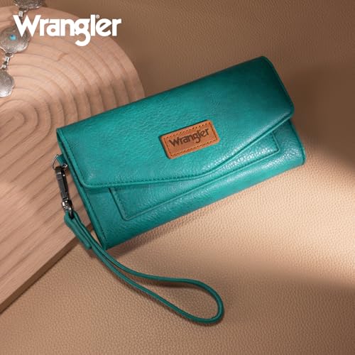 Image of Montana West X Wrangler Wrist Wallets for Women Ladies Female Large Card Cases & Money Organizers Trifold Clutch with Rfid Lining and Wrist Strap Turquoise