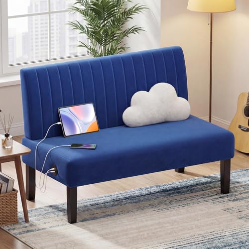Image of Navy Blue Velvet Armless Loveseat with USB, Small Couch for Living Room | Mini Sofa and Love Seat, Comfy Velvet Couch with Armless Design and USB Port, Apartment Office Dorm Small Spaces, Navy Blue