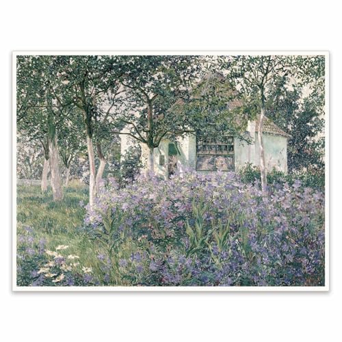 Vintage Garden Landscape Wall Art Print, Impressionist Cottage Garden Painting Poster, Purple Wildflower Meadow Floral Artwork, French Country Farmhouse Wall Decor 20x30 in Unframed