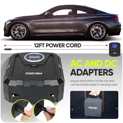 Image of FORTEM Car Wheel Inflator, Air Compressor - Portable Air Compressor for Wheels 230V AC 12V DC with LED Light - Digital Pressure Gauge, Self-Pumping, Auto Stop - Carry Bag
