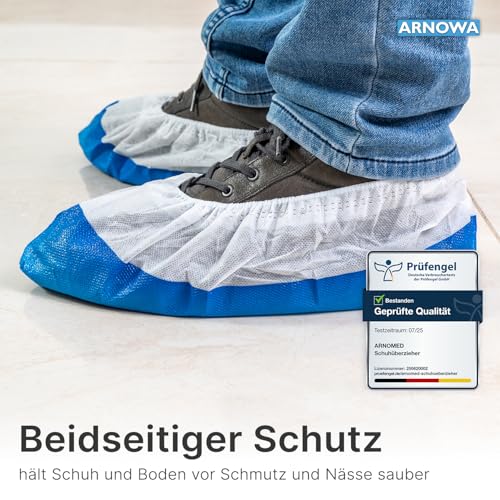 50x ARNOMED® Schuhüberzieher Mehrweg [WASSERDICHT], Galoschen, Schuh Überzieher Mehrweg, Starke Überschuhe Latexfrei, Einheitsgröße Wasser, und Staubdicht, Extra Starkem CPE+PP Material