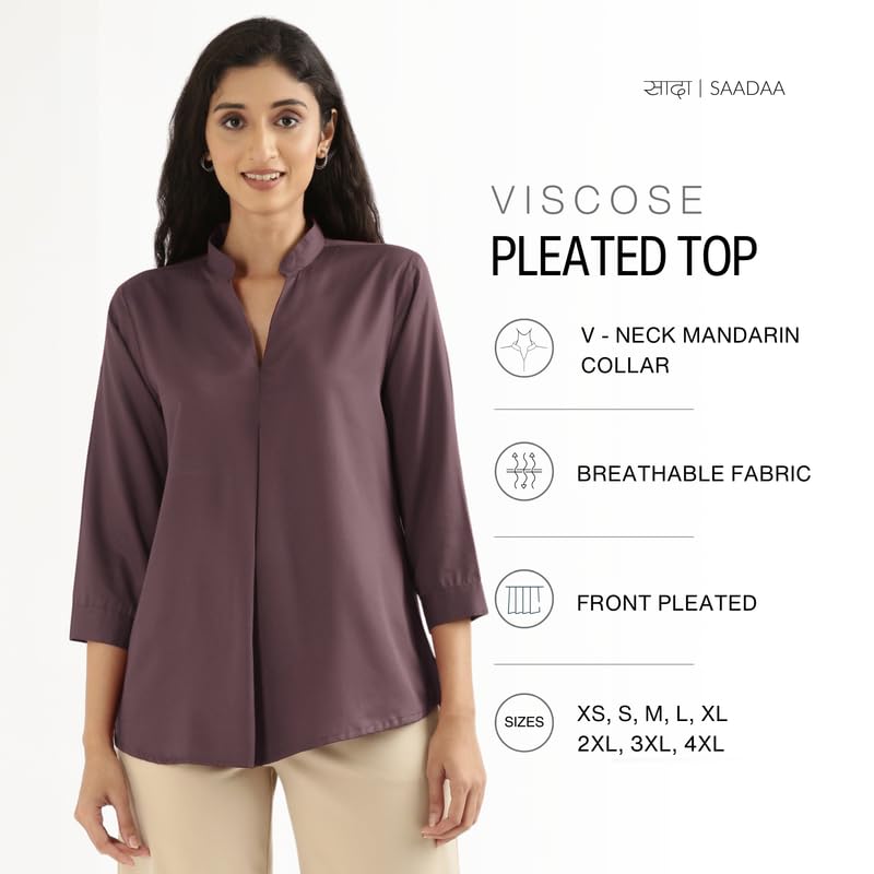 Image of SAADAA Top for Women, Viscose Pleated Tops, V-Neck with a Collar, 3 /4 Sleeve Length, Office & Casual Wear
