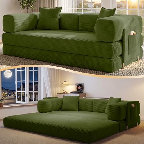 CUBENTE 78.8' Convertible Sofa Bed,Corduroy Futon Couch with Storage Pocket,Folding Pull Out Futon Sofa,No Assembly Boneless Couch for Living Room,Green