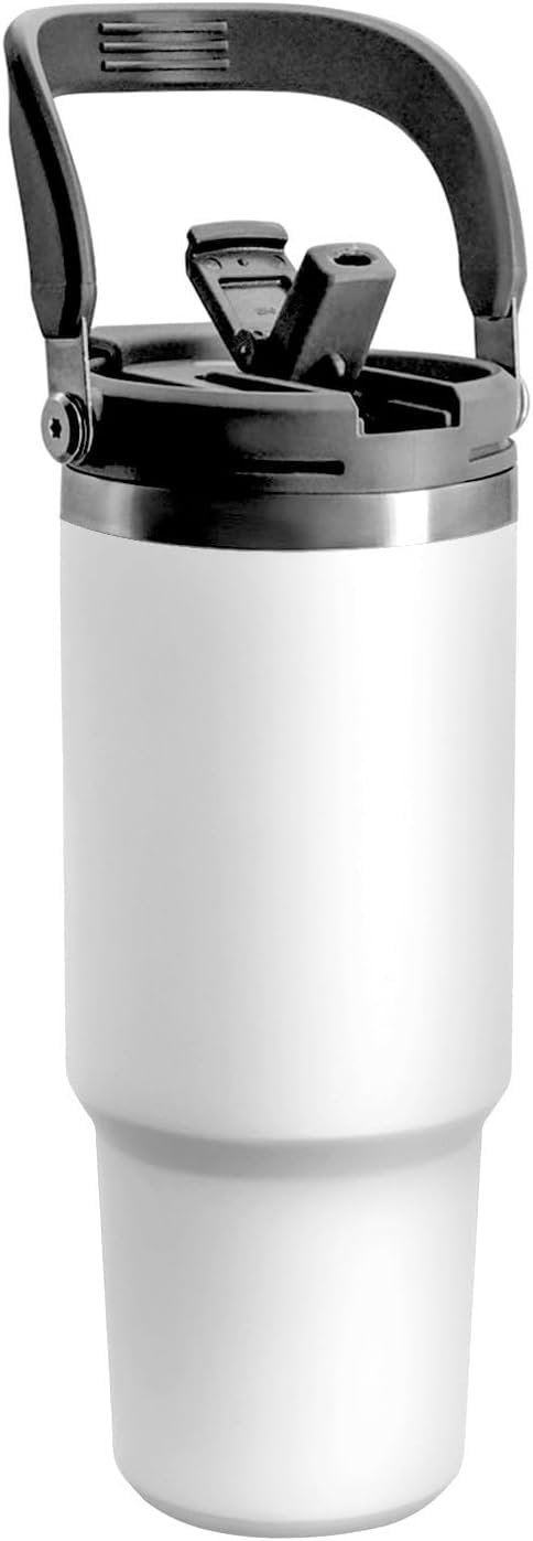 ISFORU 900ML Tumbler with Top Handle and Straw Lid, Insulated Stainless Steel Travel Tumbler Fit in Cupholder, Leakproof Double Walled Vacuum Water Bottle for Office, Home, Sport or Car (White)