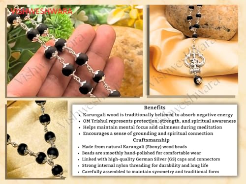 Image of Govt. Lab Certified Karungali Om Shiv Triushul Malai Original | 100% Natural Ebony Wood (54+1) Beads Mala 8mm in German Silver Cap | for Men & Women