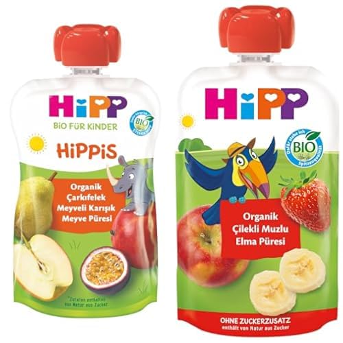 HiPP Seti | Çarkıfelek Meyveli Karışık Meyve Püresi 100 gr x2 + Çilekli Muzlu Elma Püresi 100 gr x2