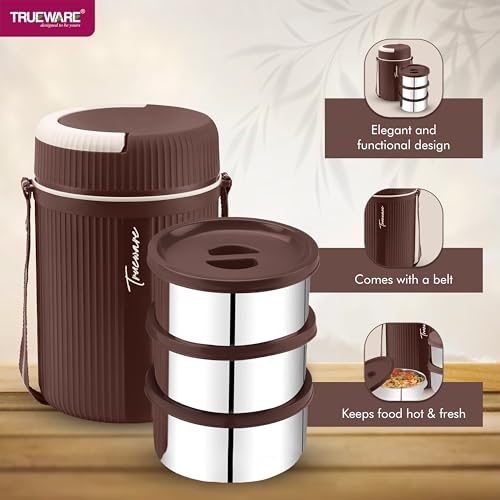 Image of Trueware Plastic Grub 3 Double Wall Insulated Hot Lunch Box with 3 Ss Container 300 Ml Each | Bpa Free | Food Grade | Hot and Fresh Many Hours (Brown (LBI-GRB-003-Brown BAZ)