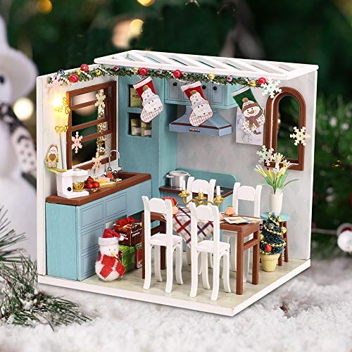Christmas Doll House Miniature Dollhouse Kit DIY Wooden Mini House Model Dollhouse Accessories with Furniture Set Toy Plus Dust Proof Cover Assembled Cabin Handcrafts Educational Toys for Kids Adults