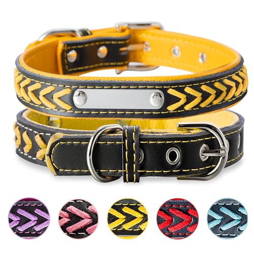Geflochtenes Hundehalsband aus Leder Personalisierte Leder Hundehalsband mit Namen Gravur Gelb Halsband mit Namenschild für großen Hund Hundehalsbänder L
