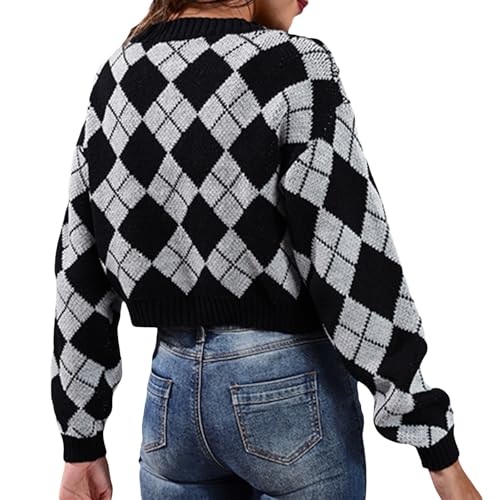 Image of Wowcarbazole Women's Knit Cardigan Sweaters Long Sleeve Argyle Open Front Button Down V Neck Cropped Coats Casual Trendy Tops(Grey Black-XL)