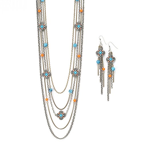 Womens Jewelry Long Silver Multi Chain Necklace Turquoise And Coral Bead Necklace Boho Style (36" Long) And Earring (4" Long) Set #TOP11