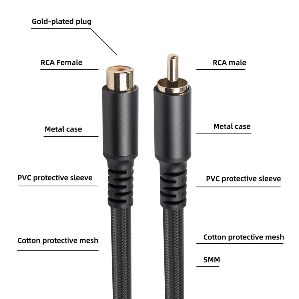 Kabel przedłużający RCA męski na żeński, kabel audio stereo RCA, kabel audio stereo o wysokiej wierności, pozłacany drut miedziany, nylonowy splot do wzmacniacza, HDTV odtwarzacza DVD, skrzynki