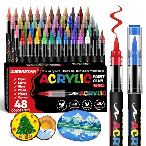 Image of Acrylic Paint Markers Brush Tip, Vivid Colors with Direct-Liquid Ink System, Professional-Grade Paint Pen for Rock Painting, Canvas, Glass, Plastic, Fabric & Creative Crafts (48 Pieces)