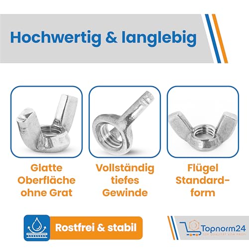 Topnorm24 – DIN 315 Flügelmuttern Schmetterlingsmuttern M6-25 Stück Edelstahl A2 V2A metrische rostfreie hochwertige Flügelmutter Wing Nut (25, M6)