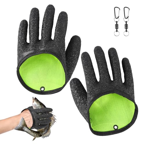 DAXYGYR 2Pcs Fishing Gloves with Magnetic Release, Natural Latex Coated, Professional Anti-Slip Waterproof Catch Fish Gloves, Puncture Proof Ice Fishing for Handling, Catching, Fisherman Accessories L