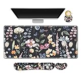 ARTSO Gaming Mouse Pad Wrist Support Set, XXL Large Desk Mat Mousepad + Keyboard Wrist Support+ Mouse Wrist Rest+Coaster 4in1 Ergonomic, Memory Foam, Stitched Edge for Home Office -Flowers Plants
