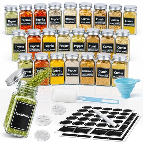 24 Stück Gewürzgläser Set mit Aluminium Deckel, Komplett-Set für Gewürzaufbewahrung (10,4x4,5cm), 77 Gewürzfilter (Grob/Fein/Offen), 36 Wiederholbare Etiketten, Faltbarer Trichter, Markierstift