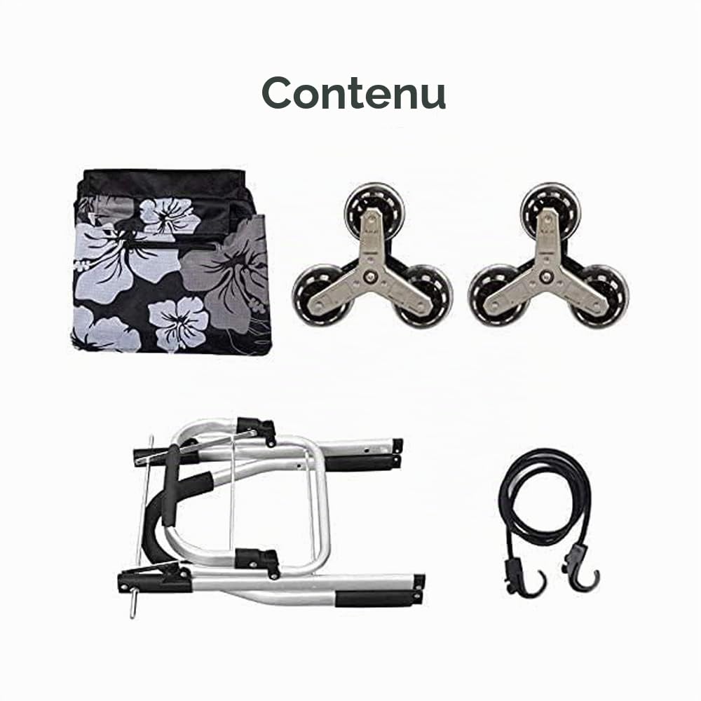 Chariot de Courses Pliable 6 Roues avec Monte-Escalier,Sac Amovible et Cordon Élastique Réglable,2 Poches Supplémentaires,Capacité Maximale 50kg 45L