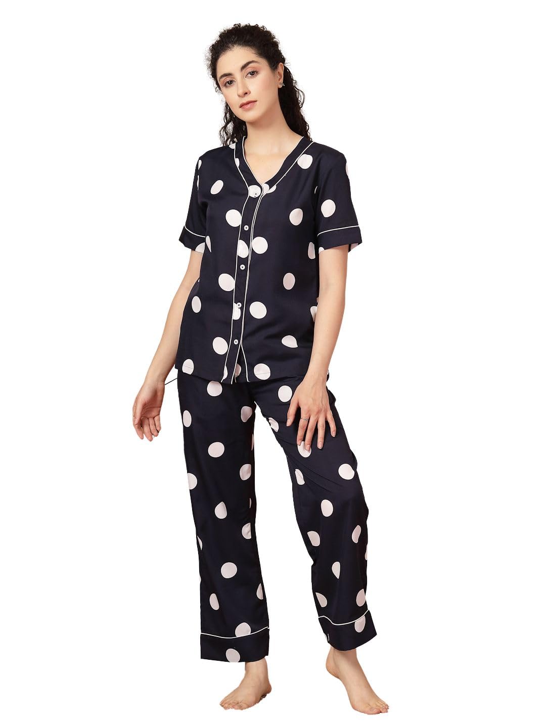 Night Suit for Women's| Polka dots Printed Night Dress| Half Sleeves Shirt and Pajama Set